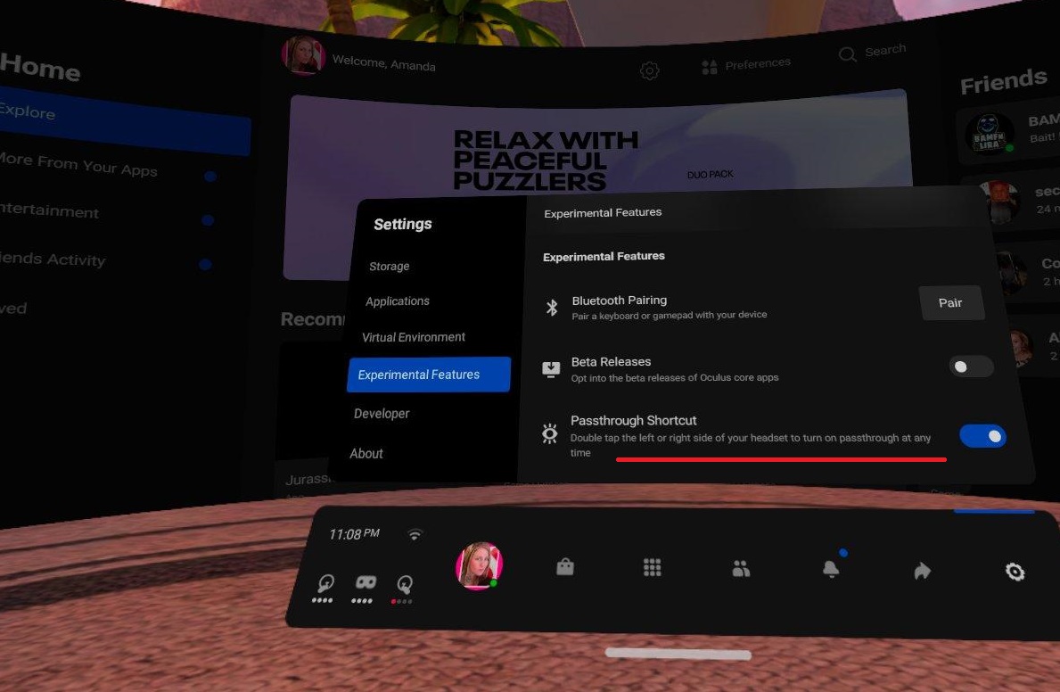 how to turn on Passthrough mode in Oculus Quest 2